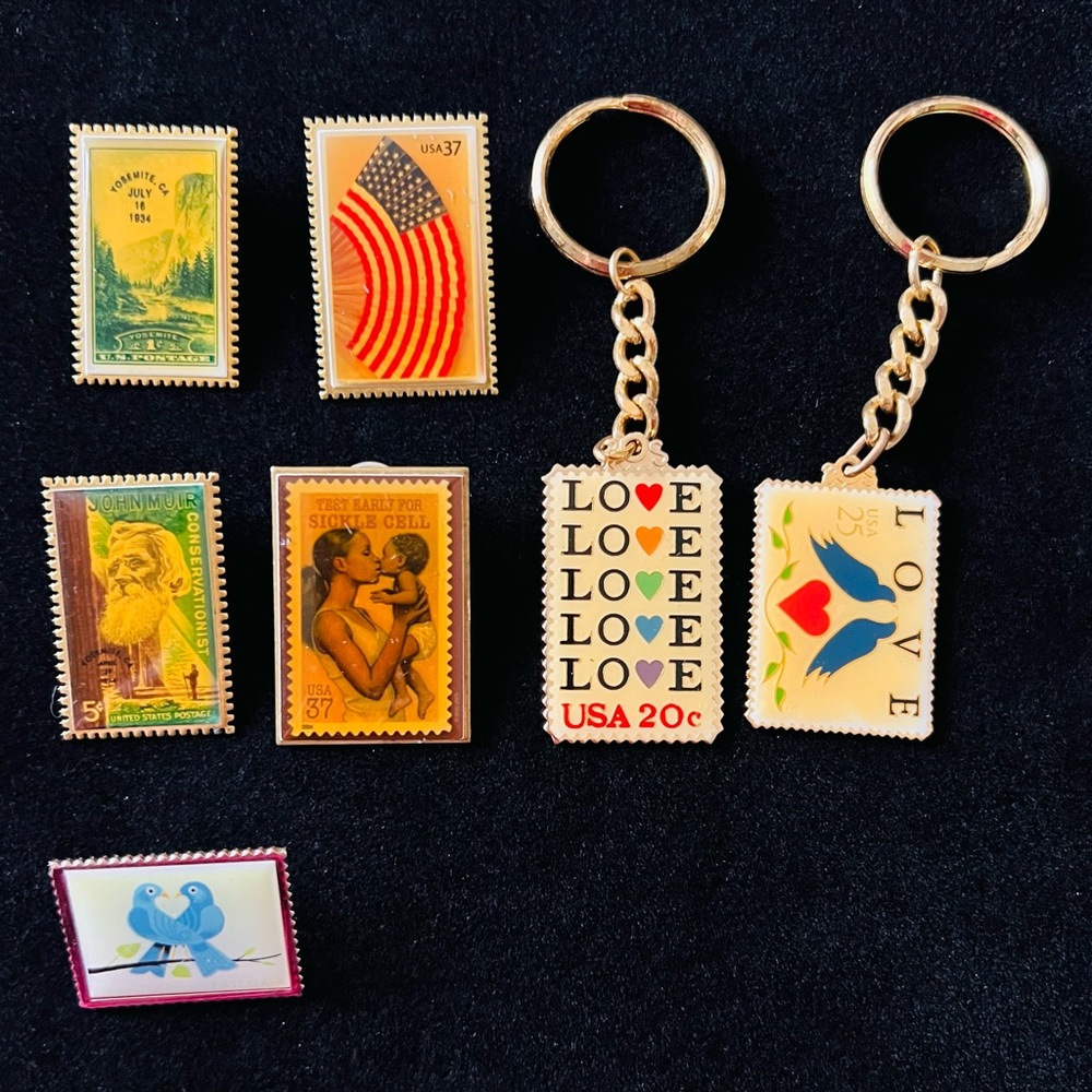 Vintage United States Postal Stamp Pin & Key Chain Lot of 8